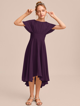 パープル ホワイトフラワーガールドレス 特別な日のためのドレス ブルーシフォン 半袖 ジュエルネック フラワーガールドレス