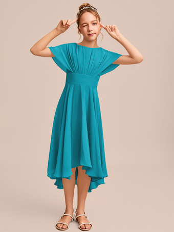 ターコイズグリーンホワイトフラワーガールドレス 特別な日のためのドレス ブルーシフォン 半袖 ジュエルネック フラワーガールドレス