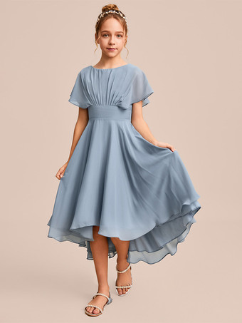 ブルー ホワイトフラワーガールドレス 特別な日のためのドレス ブルーシフォン 半袖 ジュエルネック フラワーガールドレス