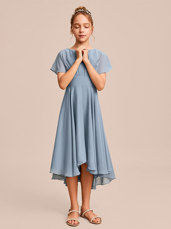 ホワイトフラワーガールドレス 特別な日のためのドレス ブルーシフォン 半袖 ジュエルネック フラワーガールドレス