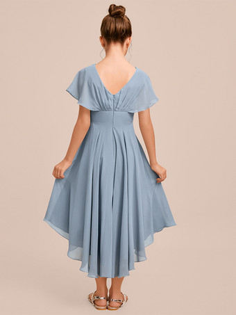 ホワイトフラワーガールドレス 特別な日のためのドレス ブルーシフォン 半袖 ジュエルネック フラワーガールドレス