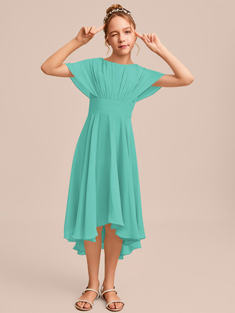 ミントグリーンホワイトフラワーガールドレス 特別な日のためのドレス ブルーシフォン 半袖 ジュエルネック フラワーガールドレス