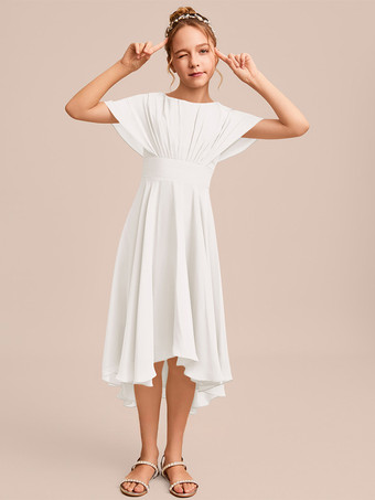 アイボリーホワイトフラワーガールドレス 特別な日のためのドレス ブルーシフォン 半袖 ジュエルネック フラワーガールドレス