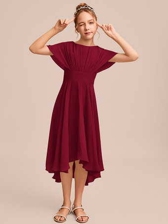 ワインレッド ホワイトフラワーガールドレス 特別な日のためのドレス ブルーシフォン 半袖 ジュエルネック フラワーガールドレス