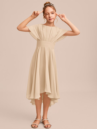 シャンパンカラーホワイトフラワーガールドレス 特別な日のためのドレス ブルーシフォン 半袖 ジュエルネック フラワーガールドレス