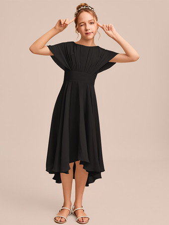 ブラック ホワイトフラワーガールドレス 特別な日のためのドレス ブルーシフォン 半袖 ジュエルネック フラワーガールドレス