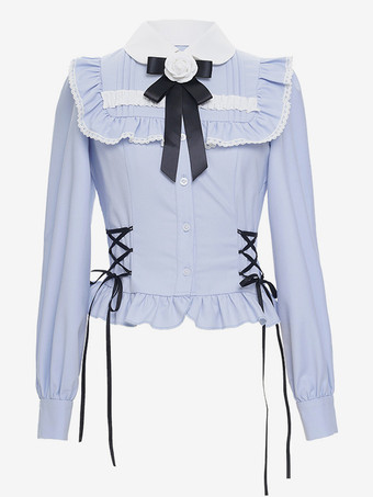 スイートロリータブラウス ライトスカイブルー 長袖 レースアップ リボン ロリータトップ ロリータシャツ