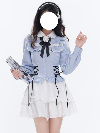 スイートロリータブラウス ライトスカイブルー 長袖 レースアップ リボン ロリータトップ ロリータシャツ