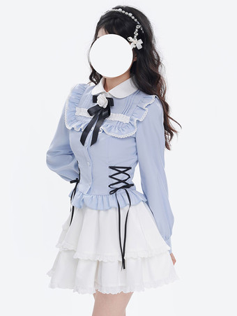 スイートロリータブラウス ライトスカイブルー 長袖 レースアップ リボン ロリータトップ ロリータシャツ