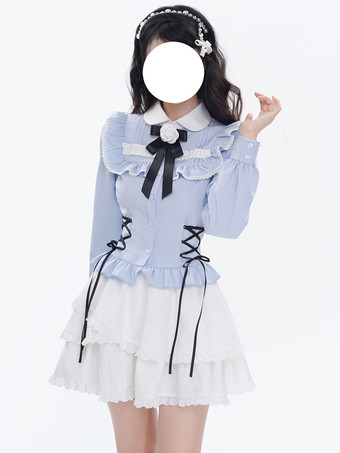 スイートロリータブラウス ライトスカイブルー 長袖 レースアップ リボン ロリータトップ ロリータシャツ