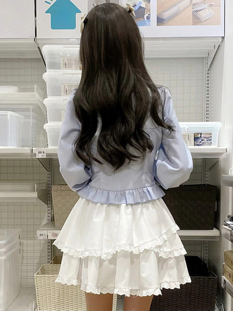 スイートロリータブラウス ライトスカイブルー 長袖 レースアップ リボン ロリータトップ ロリータシャツ