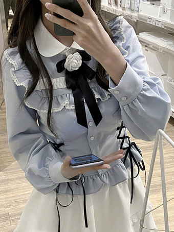 スイートロリータブラウス ライトスカイブルー 長袖 レースアップ リボン ロリータトップ ロリータシャツ