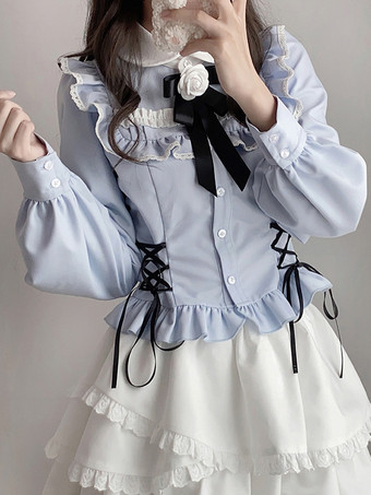 スイートロリータブラウス ライトスカイブルー 長袖 レースアップ リボン ロリータトップ ロリータシャツ