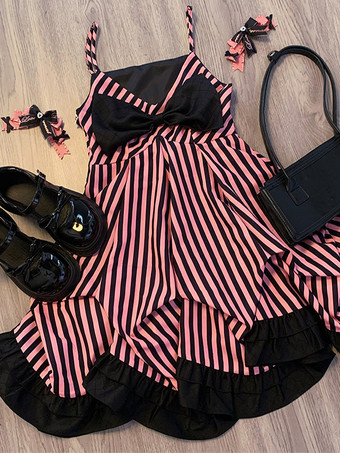 ゴシック ロリータ ドレス リボン フリル ストライプ ブラック ブラック