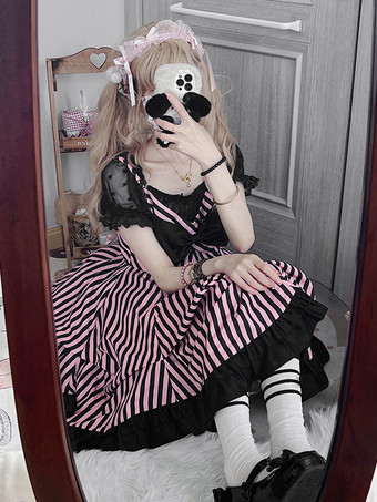 ゴシック ロリータ ドレス リボン フリル ストライプ ブラック ブラック