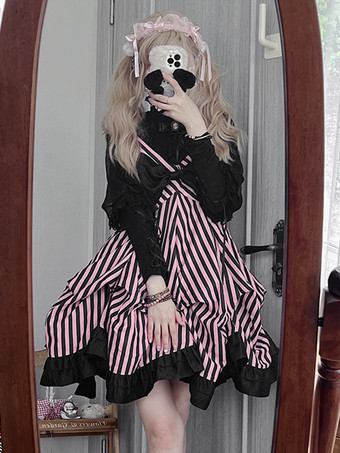 ブラック ゴシック ロリータ ドレス リボン フリル ストライプ ブラック ブラック