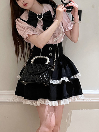 Süßer Lolitarock mit schwarzen Spitzenrüschen