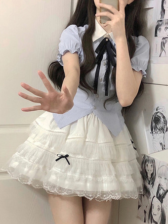 スイートロリータ衣装 ライトスカイブルー リボン フリル 半袖 スカート ブラウス