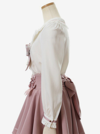 スイートロリータブラウス リボンレースロリータトップ 長袖ブラウス ピンクロリータシャツ