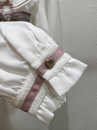 スイートロリータブラウス リボンレースロリータトップ 長袖ブラウス ピンクロリータシャツ