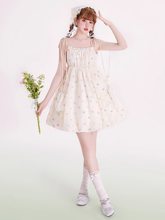 abricot Robe Lolita Sweet en polyester sans manches avec nœuds
