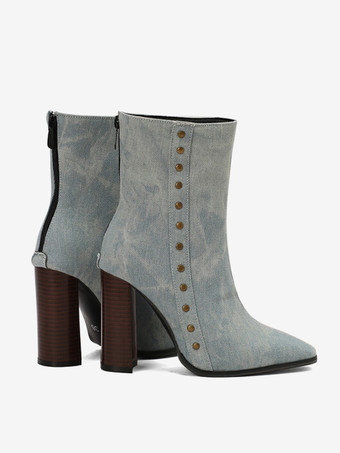 レディース アンクルブーツ ライトスカイブルー リベット ブーティ キャンバス ポインテッドトゥ チャンキーヒール