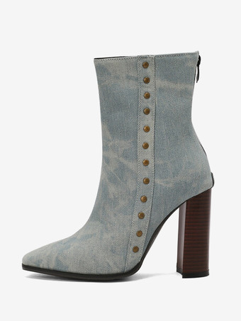 レディース アンクルブーツ ライトスカイブルー リベット ブーティ キャンバス ポインテッドトゥ チャンキーヒール