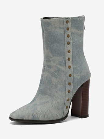 ライトスカイブルーレディース アンクルブーツ ライトスカイブルー リベット ブーティ キャンバス ポインテッドトゥ チャンキーヒール
