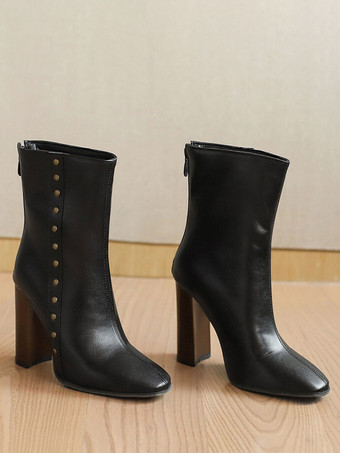 レディース アンクルブーツ パイソンリベット ブーティ PUレザー ポインテッドトゥ チャンキーヒール