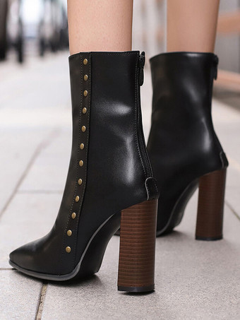 ブラック レディース アンクルブーツ パイソンリベット ブーティ PUレザー ポインテッドトゥ チャンキーヒール