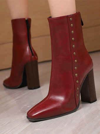 バーガンディーレディース アンクルブーツ パイソンリベット ブーティ PUレザー ポインテッドトゥ チャンキーヒール