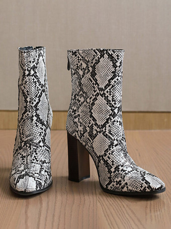 レディース アンクルブーツ パイソンリベット ブーティ PUレザー ポインテッドトゥ チャンキーヒール