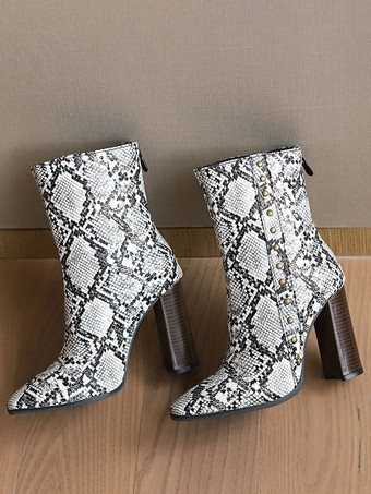 パイソン柄レディース アンクルブーツ パイソンリベット ブーティ PUレザー ポインテッドトゥ チャンキーヒール