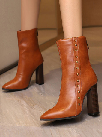 ブラウン レディース アンクルブーツ パイソンリベット ブーティ PUレザー ポインテッドトゥ チャンキーヒール