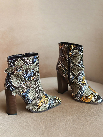 Stivaletti da donna in pelle sintetica con punta affilata dettagli in metallo tacco spesso