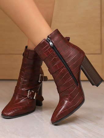 レディース コーヒーブラウン メタルディテール ブーティ ポインテッドトゥ チャンキーヒール アンクルブーツ