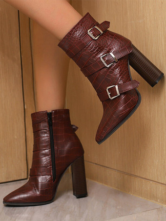 バーガンディーレディース コーヒーブラウン メタルディテール ブーティ ポインテッドトゥ チャンキーヒール アンクルブーツ