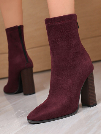 バーガンディーレディース アンクルブーツ ヒョウ柄 ジッパー ブーティ スエードレザー ポインテッドトゥ チャンキーヒール