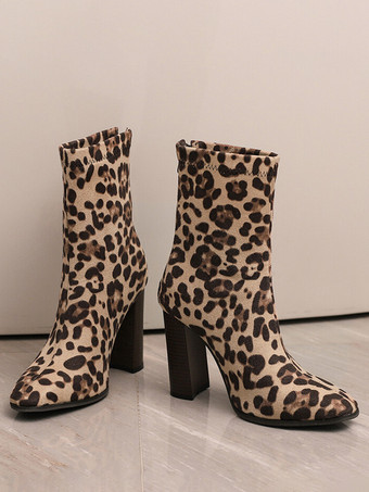 レディース アンクルブーツ ヒョウ柄 ジッパー ブーティ スエードレザー ポインテッドトゥ チャンキーヒール