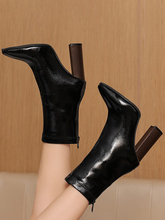 レディース アンクルブーツ ブラック ジッパー ブーティ PUレザー ポインテッドトゥ チャンキーヒール