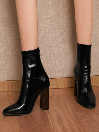 ブラック レディース アンクルブーツ ブラック ジッパー ブーティ PUレザー ポインテッドトゥ チャンキーヒール