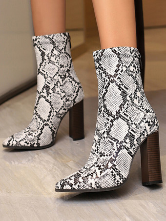 パイソン柄レディース アンクルブーツ ブラック ジッパー ブーティ PUレザー ポインテッドトゥ チャンキーヒール