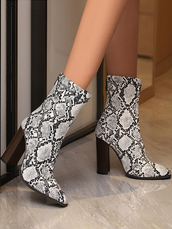 レディース アンクルブーツ ブラック ジッパー ブーティ PUレザー ポインテッドトゥ チャンキーヒール