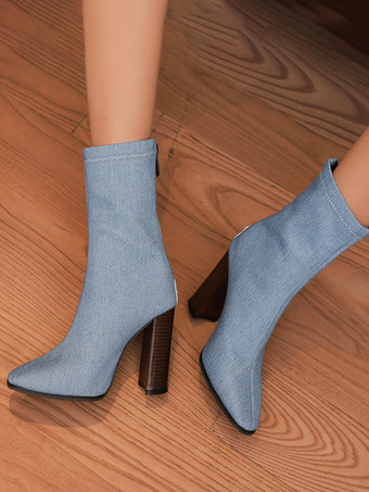 レディース ライトスカイブルー ジッパー ブーティ ポインテッドトゥ チャンキーヒール アンクルブーツ