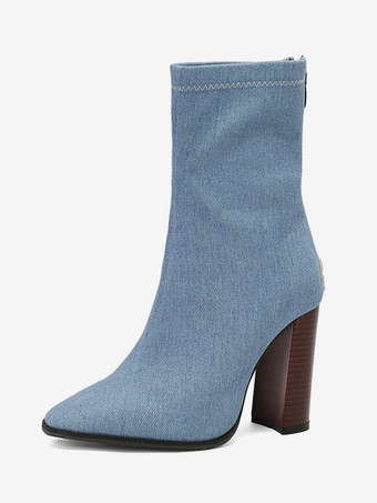 レディース ライトスカイブルー ジッパー ブーティ ポインテッドトゥ チャンキーヒール アンクルブーツ