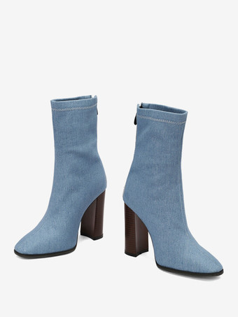 レディース ライトスカイブルー ジッパー ブーティ ポインテッドトゥ チャンキーヒール アンクルブーツ