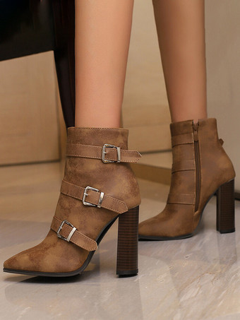 ブラウン レディース コーヒーブラウン メタルディテール ブーティ ポインテッドトゥ チャンキーヒール アンクルブーツ