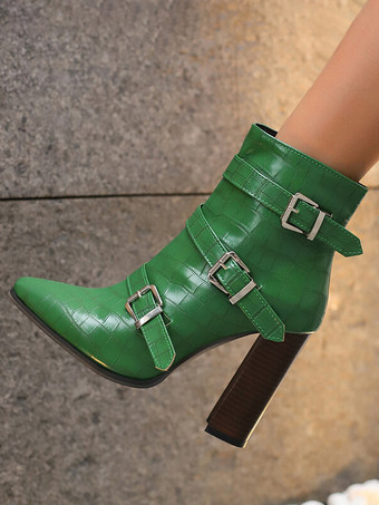 グリーン レディース コーヒーブラウン メタルディテール ブーティ ポインテッドトゥ チャンキーヒール アンクルブーツ