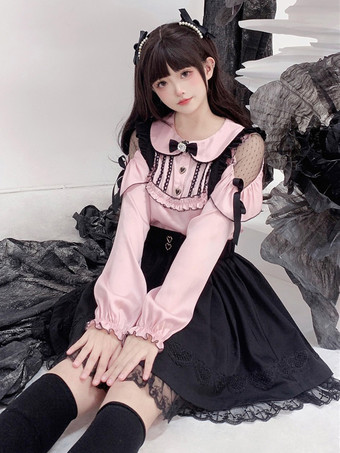 スイートロリータブラウス リボン フリル ロリータトップ 長袖ブラウス ピンクロリータシャツ