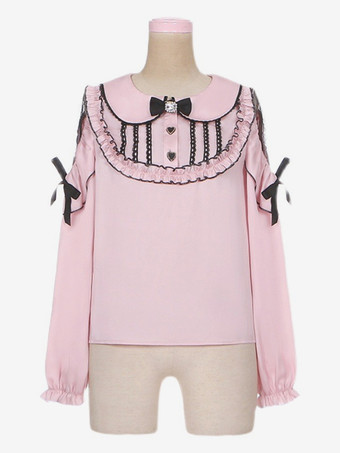 スイートロリータブラウス リボン フリル ロリータトップ 長袖ブラウス ピンクロリータシャツ